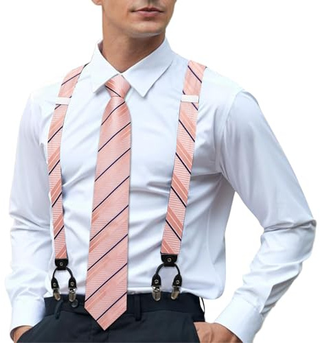 Hi-Tie Ensemble bretelles et cravate en soie pour homme - Bretelles élastiques réglables en Y avec 6 clips solides - Carré de poche