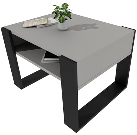 möbelkap Couchtisch 65×53.6 cm – Wohnzimmertisch aus Holzwerkstoff, Stabiler & moderner Kaffeetisch mit zusätzlicher Ablagefläche – Beistelltisch, Grau/Schwarz, rechteckig