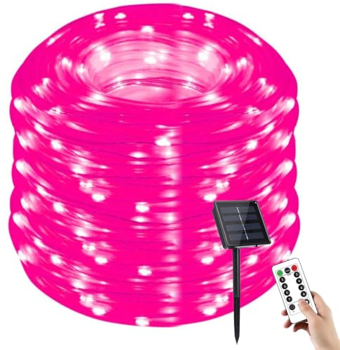 YUANYUYING Solar-Lichterkette, Solar-Lichterkette mit Fernbedienung, 50 LEDs, 23 Fuß, wasserdichte Lichterkette für den Außenbereich, 8 Modi, Solar-Gartenlichter für Hof (rosa)