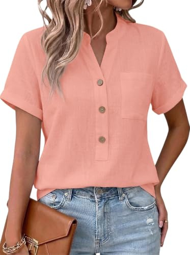 Arevill Womens Cotton Summer Top Short Sleeve V Neck Henley Shirt | Lightweight, Breathable, Casual Blouse, Loose Fit Tunic, with Pocket
