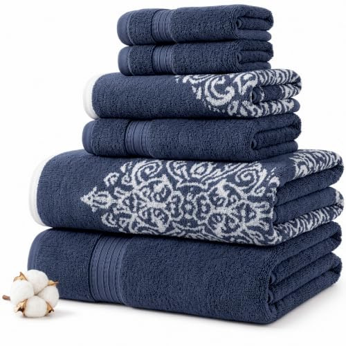 Amrapur Overseas | Artesia Damask 6 Piece Reversible Yarn Dyed Jacquard Towel Set (Indigo)