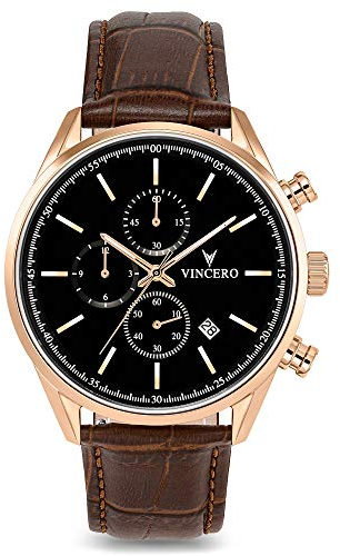 Vincero Luxus Chrono S Herren Armbanduhr - 40mm Chronograph Uhr - Japanisches Quarz Uhrwerk (Roségold/Braun)