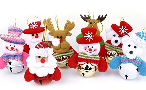 Weihnachtsbaumschmuck, kleine Weihnachtsdekorationen für Zuhause, Plüsch, zum Aufhängen mit Glocken, Dekoration für Weihnachtsbaum, Weihnachtsmann, Schneemann, Rentier, Bär (8 Stück)