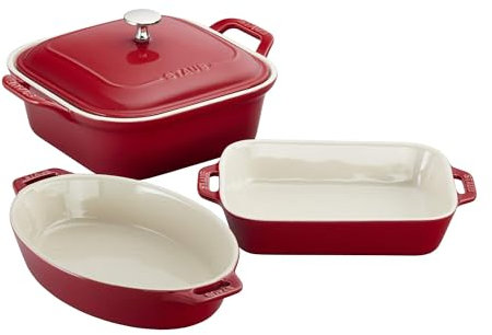 Staub Ceramics 4-teiliges Backformen-Set, Auflaufform mit Deckel, Brownie-Pfanne, Kirsche