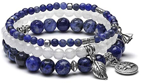 JSDDE Schmuck 3er Armbänder Schmuck Set Freundschaftsarmband Perlenarmband aus Edelsteine Heilsteine mit Lotus Blätter Anhänger Partner für Damen Frauen (Sodalit)