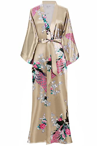 BABEYOND Robe de chambre très longue en satin pour femme, kimono d’été à motif floral, long peignoir kimono imprimé, pour soirée pyjama entre filles, champagne, taille unique