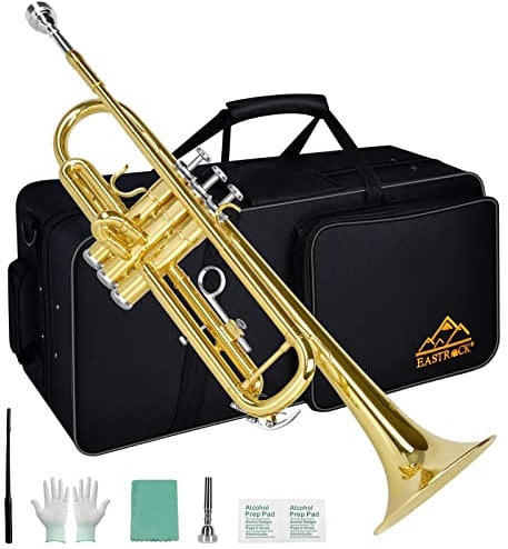 EASTROCK Bb Trompete Standard Trompete Set für Anfänger, Lack Gold Trompete Instrument mit Hard Case Handschuhe 7C Mundstück Reinigungsset für Schüler (Lack Gold)