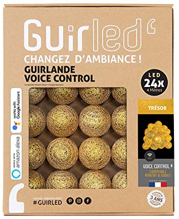 Lichterkette mit Kugeln aus Baumwolle, USB, Sprachsteuerung – Amazon Alexa & Google Assistant – unendlich programmierbar – Netzadapter 2 x USB enthalten – 24 Kugeln, Länge 2,4 m – Schatz