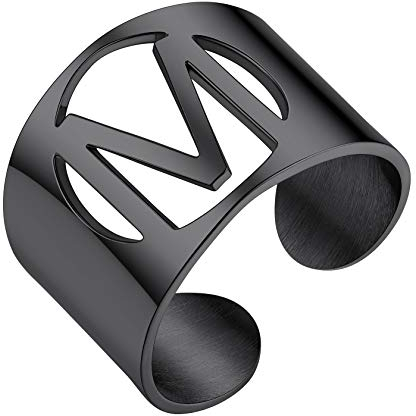 ChainsHouse schwarz Punk Ring Hip pop Namenring Offener Bandring Anfangsbuchstabe M Ring Statement Fingerring für Abschluss Party