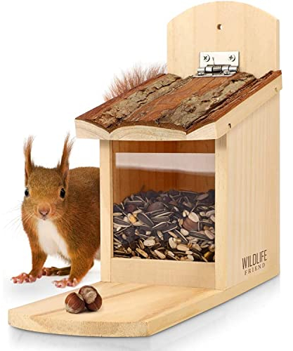WILDLIFE FRIEND I Mangeoire Écureuil Exterieur en Bois avec Toit en Écorce - Distrubuteur de Nourriture Écureuils - Maison Ecureuil