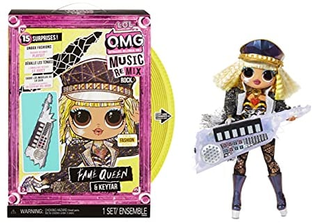 L.O.L. Surprise! LOL Surprise OMG Remix Rock Muñeca FAME QUEEN - 15 sorpresas que incluyen keytar, vestido, zapatos, cepillo, soporte para muñecas, letras y paquete de tocadiscos - Edad: 4+