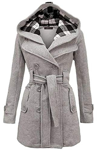 Yming Damen Warmer Kapuzenmantel Langer Mantel Zweireiher Woll Jacke Mit Gürtel Lässige Schlanke Oberbekleidung
