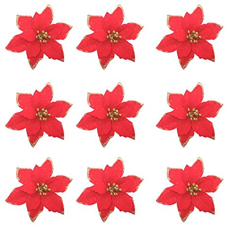 Yuknees Glitter Poinsettia,Glitter Christbaumschmuck,30 Stück Weihnachtsblumen,6 Weihnachtsblumen Künstlich,Weihnachtsbaum Weihnachtskranz,Weihnachten Blumen Deko,Aufhängen Weihnachtsbaum (Rot)