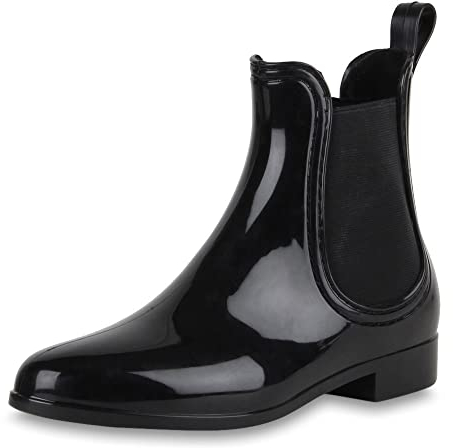 VAN HILL Damen Lack Stiefeletten Gummistiefel Chelsea Boots Schuhe 47336 Schwarz Nero 40