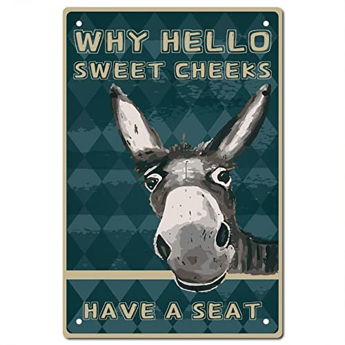 CREATCABIN Donkey Why Hello Sweet Cheeks Sign Vintage Tin Signs Funny Metal Tin Sign Wall Art Garden House Plaque for Bathroom Kitchen Cafe Wall Halloween Christmas Decor, 8 x 12 Inch