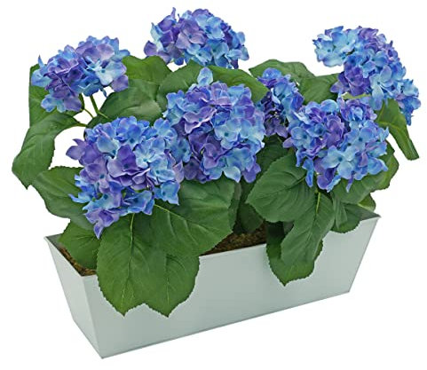 GreenBrokers Artificial Blue Hydrangea Flower Bush in White Tin Window Box (45cm) with Nine Flower Clusters for Home or Outdoor Living