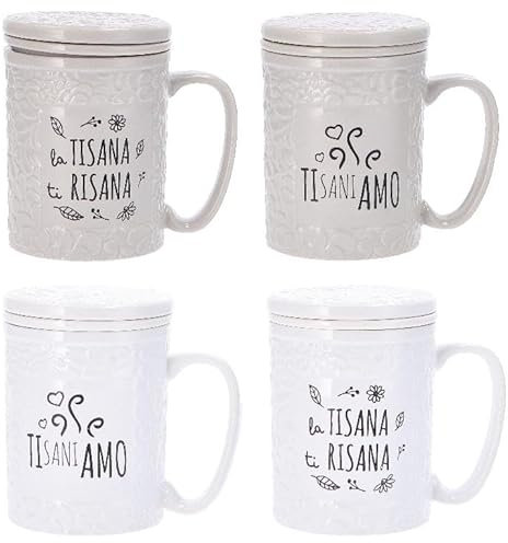 AD TREND Tisaniera Tazza in Ceramica con Filtro e Coperchio 2 Decori e 2 Colori