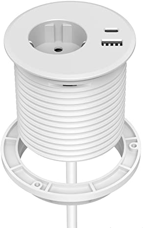 Einbausteckdose mit USB, Dinolink Steckdose Schreibtisch für 80mm Tischloch, Tischsteckdose ausgestattet mit 1 Schuko, 1 USB-A Anschluss, 1 USB-C Anschluss und 2m Netzkabel, Weiß