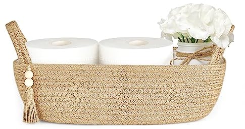 Mkono Kleiner Aufbewahrungskorb für Toilettenbehälter, Badezimmerdekoration, gewebtes Seil Toilettenpapiertablett für Regal, Schlafzimmer, Wohnzimmer, Jute, 1 Stück, 33 x 15,2 cm