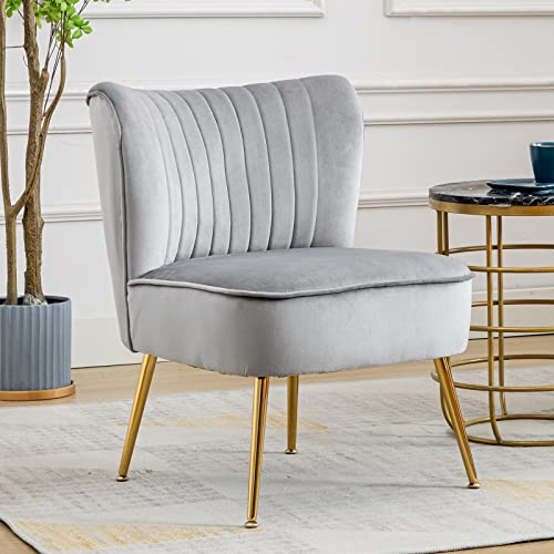 Wahson Poltrona Imbottita Moderna Sedia da Salotto in Velluto Poltroncina con Gambe in Metallo Dorato per Camera da Letto/Soggiorno,Grigio