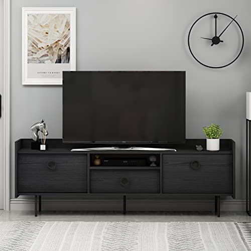 moebel17 TV-Schrank, Fernsehtisch,TV Lowboard,TV Tisch,Sideboard,Büsra TV Board stehend, Schwarz mit Holz Optik, Holz, mit Türen viel Stauraum, für Wohnzimmer, Designerstück,184 x 63 x 37 cm, 9215