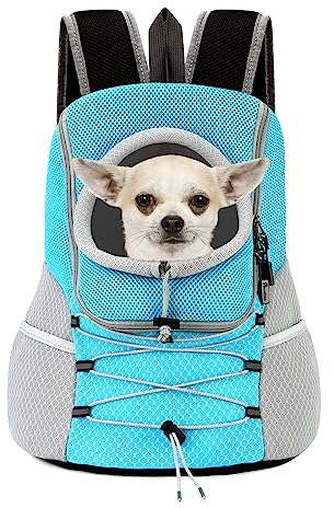 Pawaboo Zaino per Cani, Borsa per Trasporto Cani Traspirante, Zaino da Viaggio Cani Gatti Regolabile, Contenitore da Trasporto per Animali Piccoli/Medi, per Campeggio Passeggiata, Taglia S, Azzurro