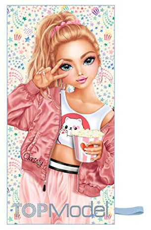 Depesche 12388 TOPModel Cutie Star - Mikrofaser-Handtuch mit Sternen-Muster und Model-Motiv, Badetuch ca. 70 x 145 cm groß, schnelltrocknend und platzsparend, Mehrfarbig