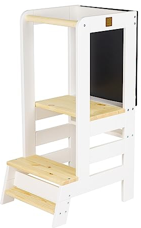 MEOWBABY Lernturm – Höhenverstellbarer Montessori Learning Tower für Kinder – Lernturm ab 1 Jahr – Sicherer Kinder Tritthocker – Holz Küchenhelfer für Küche & Alltag, Weiß-Natur