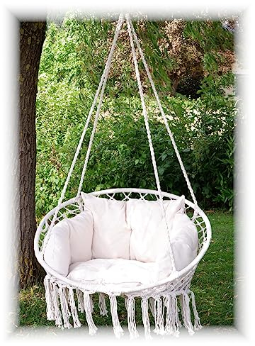 ALEOS. Hängesessel Catalina klappbar 100cm Durchmesser - Hängesessel - Stoffsessel mit gemütlichem Kissen - Hängekorb zum Aufhängen - inkl. 2 Karabiner + Kette im Makramee Boho Style