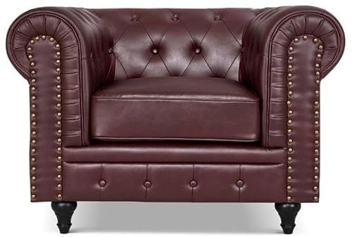 Bravich Leather Chesterfield Armchair- Brown. Single Seater Arm Chair, Faux Bonded Leather Vintage Couch. Living Room Furniture, Easy Clean. Single Seater- 110cm x 90cm x 78cm.