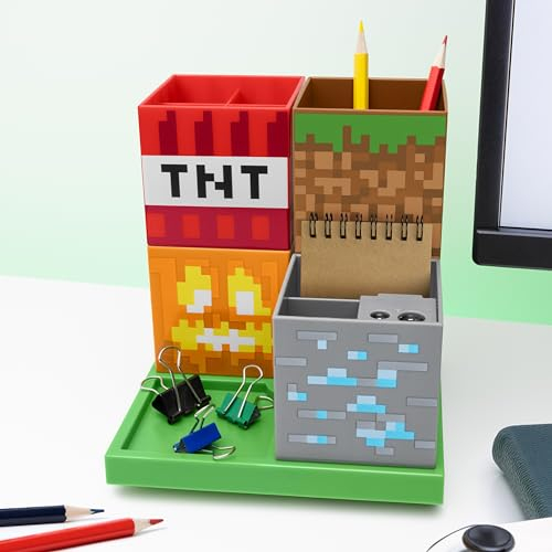 Minecraft Schreibtisch-Organizer - Offiziell lizenziert, 4 modulare Blöcke, anpassbarer Stifthalter für Stifte, Gamer-Dekor, Schreibtischzubehör für Schul- oder Büromaterial