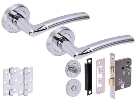 HANDLEZONE® Neemo Door Handles on Rose Bathroom Lock Pack with Ball Bearing Hinges - Dual Finish Polished/Satin Chrome