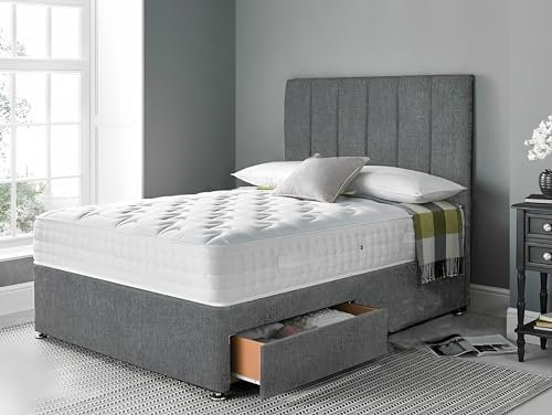 DBZ BEDS 5 FT King Size Bed Set with 2000 Series Mattress - Grey Linen Divan Bed Set with Versatile Storage Options – 6 Panel Headboard with Chrome Glider Feet (King)