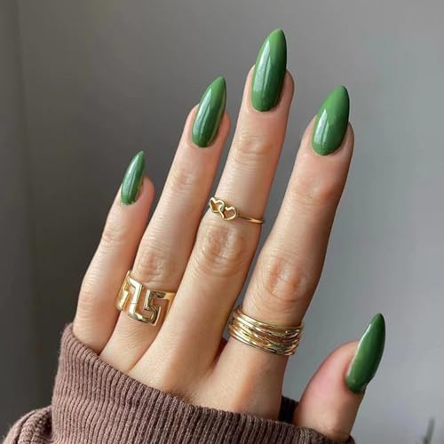 24Pcs Français Faux Ongles Court Amande Press on Nails Couleur Pure Naturel Ongles à Coller Ballerine Capsules Ongles Glossy Acrylique Faux Ongles Autocollants pour Femmes et Filles (Vert printemps)