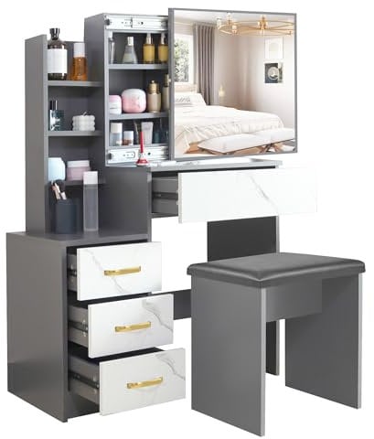 Dressing Table with Mirror and Stool, Makeup Vanity Table, 4 Drawer 3 Shelves Storage Unit Cosmetic Bedroom Dresser Make Up Desk Stool for Living Room, Bedroom Furniture, 90W x 36D x130H cm