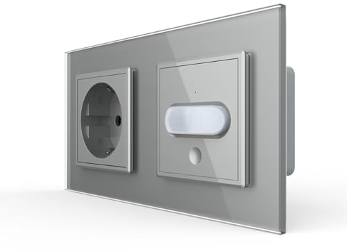 Livolo Steckdose und PIR Bewegungsmelder Sensor mit Touchschalter EIN/Aus automatische Lichtsteuerung bei Bewegung Unterputz Wandmontage Schuko Buchse EU Stecker 2-Fach Glasrahmen