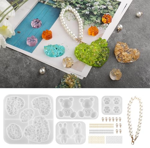 wikimo 4 Stück Epoxidharz Formen Set, Silikonformen gießformen Epoxidharz zur Herstellung von Schlüsselanhänger in Kaninchen, Bär, Liebesform mit Accessoire