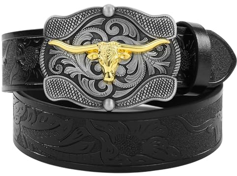 Btilasif Western-Cowboy-Gürtel für Herren und Damen, PU-Leder, Blumenmuster, graviert, Longhorn-Bullschnalle, Gürtel für Jeans, Longhorn Bull-Black, 100cm, For 25 to 31 Waist