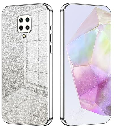 ILING Case for Xiaomi Redmi Note 9S / Redmi Note 9 Pro, Ultra Thin Elegant Gradient Color Sparkling Back Design Electroplated Edging Soft Silicone TPU Shockproof Phone Case Girls Cover (Silver)