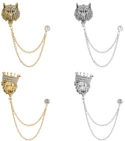 SUPERFINDINGS 4 Stück 2 Stile Kettenbrosche Löwe Kristall Anstecknadel Leopardenkopf Anstecknadel 2 Farben Tierhängekettenbroschen Vintage Mit Hängender Kette Reversnadel Für Anzug Hemdkragen Hochzeit