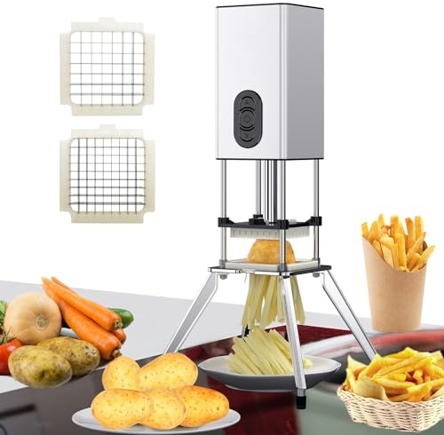 HYQNG Electric French Fry Cutter Stainless Steel, Professional Vertical French Fry Cutter, Commercial and Household Potato Cutter Automatic Potato Slicer with 1/2 & 3/8 Inch Blade