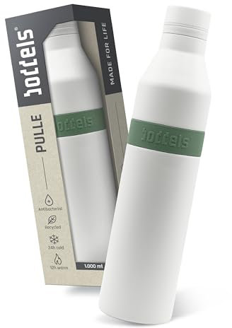 PULLE Edelstahl Trinkflasche 1l - spülmaschinenfest, 100% auslaufsicher, leicht zu reinigen, Kohlensäure geeignet, 24h kalt & 12h warm, recycelter Edelstahl (Weiß/Salbeigrün, 1000ml)