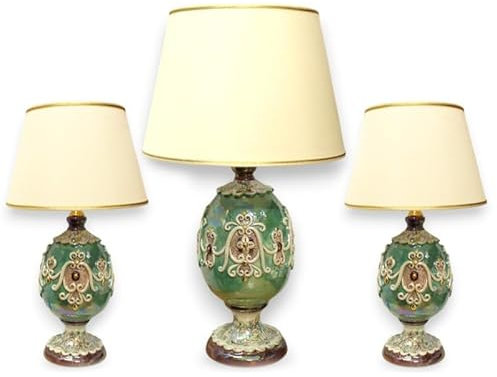 SICILIA BEDDA CAPACI Leuchtentrio im Fabergè-Ei-Stil, Caltagirone-Keramik, mit 24-Karat-Emaille aus reinem Gold und Perlmutt