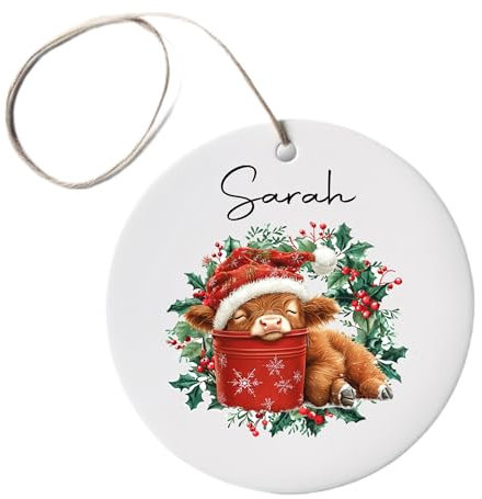 Personalised Christmas Name Ornament, christmas tree decorations, xmas tree decorations, 7.3cm x 7.3cm White Ceramic Circle Ornament, Design Printed on Both Sides (Highland Cow Design 2)