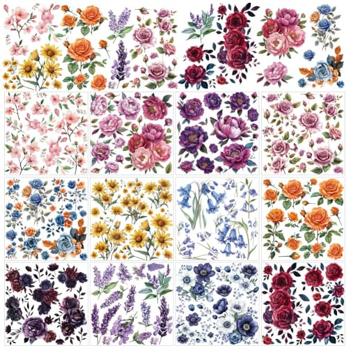 arricraft 12 Sheets Floral Rub on Transfers for Crafts and Furniture, Roses Hydrangeas Orchids Lavender Rub on Transfer Stickers PVC Rub on Decal for DIY Home Window Wood Decor