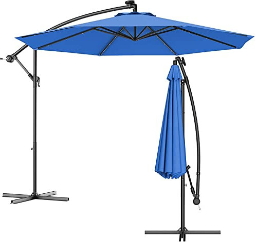 Parasol déporté 3 m avec lumières LED solaires pour jardin, terrasse et piscine Bleu