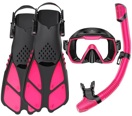 HH HHAO SPORT Schnorchelset Erwachsene mit Flossen,Schnorchelausrüstung in Reisegröße mit Kurzen Verstellbaren Schwimmflossen, Hochwertige Tauchermaske und Dry Top Schnorchel, mit Tragetasche