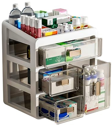 Jenmayt Organizer per medicinali a 4 livelli,con cassetti trasparenti,plastica medica contenitore,per contenere vitamine,bottiglie di medicinali,piccoli cosmetici, gioielli