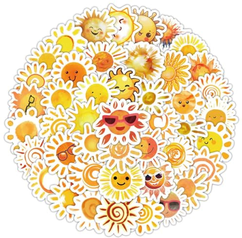 XENQITO 60 Stück Niedliche Sonnenaufkleber für Kinder und Teenager, Cartoon Sonne Wasserdichte Vinyl Sticker Scrapbook Aufkleber für Wasserflaschen, Laptops, Scrapbooks, Koffer, Handy