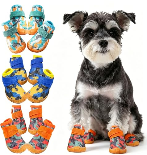 Kukaster Pet Hundeschuhe für kleine Hunde, 4er Set Pfotenschutz mit Rutschfester Sohle, atmungsaktive Hundeschuhe für Sommer, heißen Asphalt, Outdoor, Orange Tarnung, Size 5